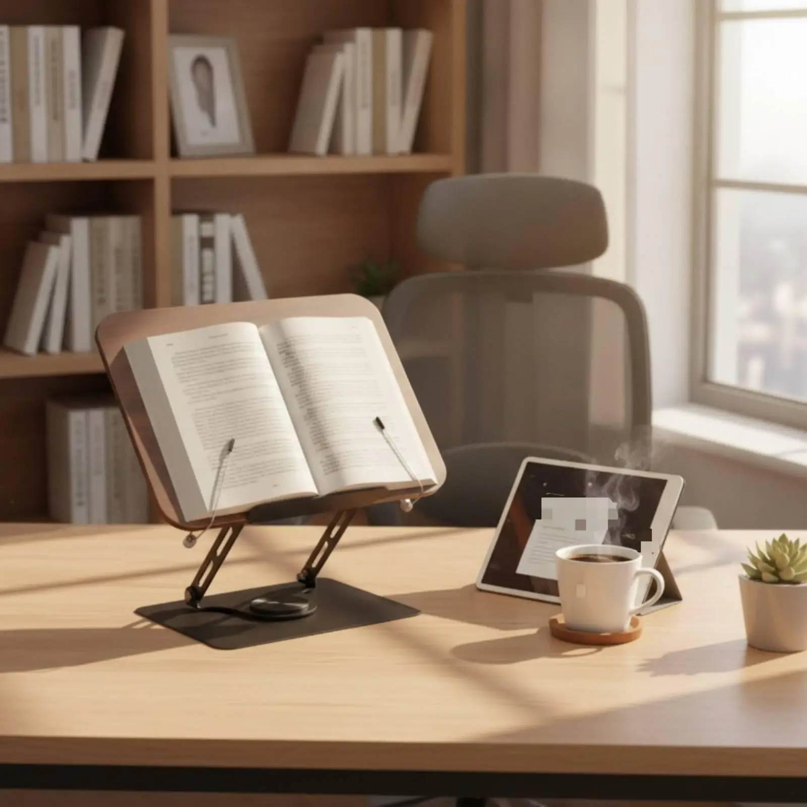 Desktop Book Stand with Wooden Board Rotating Adjustable Book Stand with Page Clips Hands Holder for Readers, Professionals,