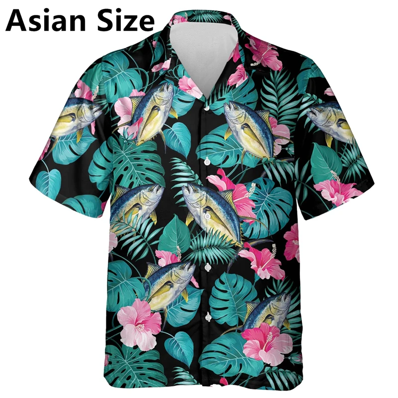 Fishing Lover 3D Printed Hawaiian Shirts Mens Summer Casual Short Sleeve Lapel Button Fish Graphic Shirt Loose Outdoor Blouse