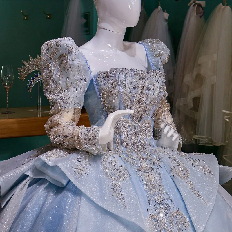 Sky Blue Shiny Quinceanera Dresses Ball Gown Off The Shoulder Sequin Applique Lace Beading Crystal Tull Party Birthday Sweet 16