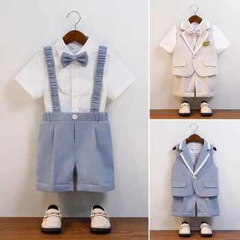 Vestido de fiesta transpirable de verano para niños, chaleco suave, camisa, pantalones cortos, pajarita, traje de fotografía, disfraz de actuación para niños