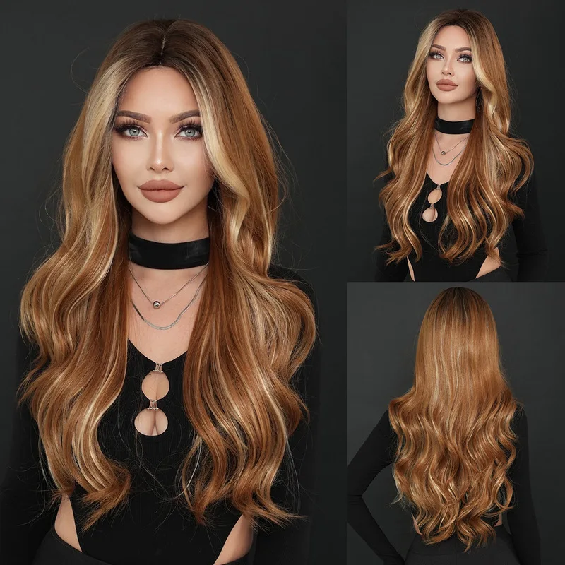 New European and American style two-tone wig a center part long curly hair amber brown with blonde highlights made of sy