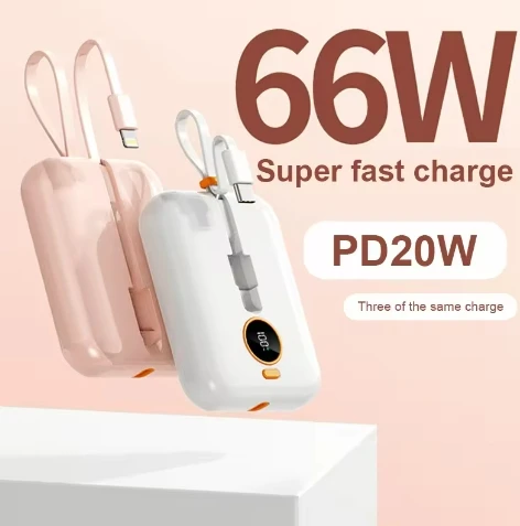 

66W Super Fast Charging with Built-in Cable Mini Power Bank 20000mAh Compact Mobile Power Supply