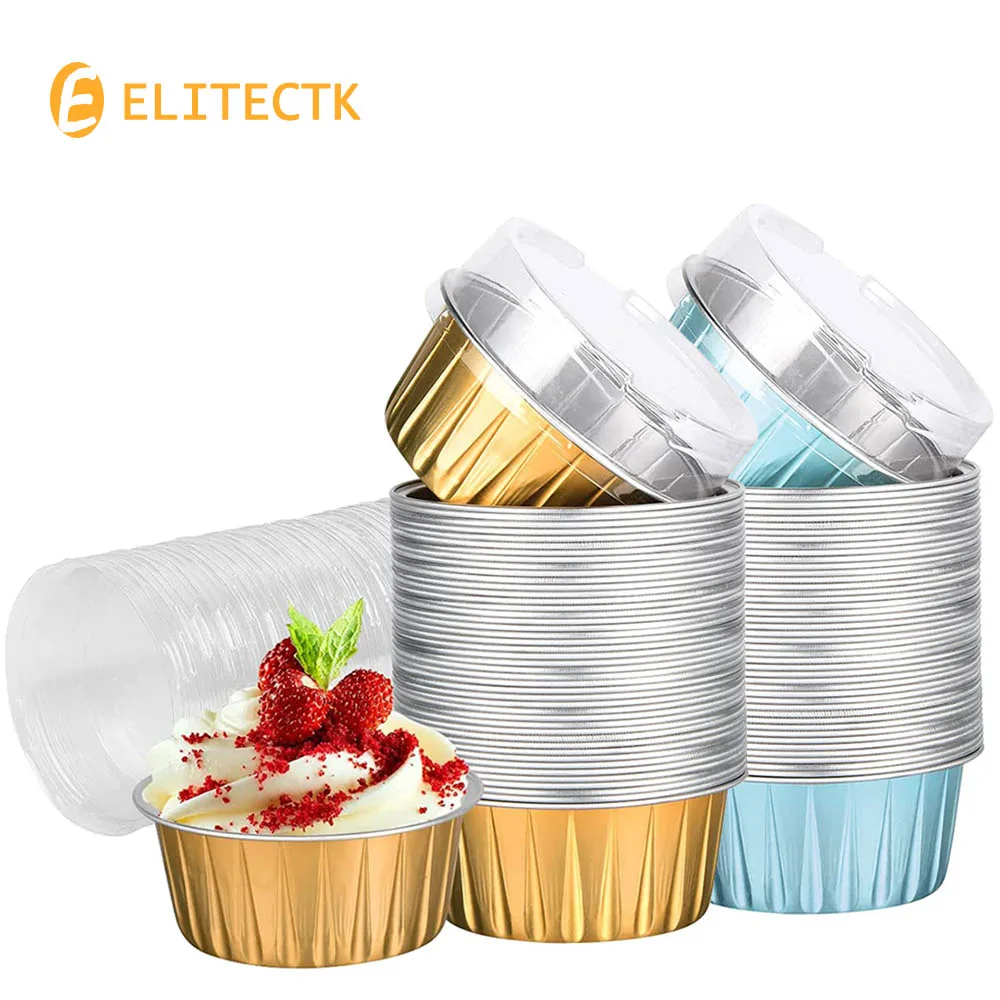 100CPS Ramekins with Lids, 5oz Aluminum Foil Baking Cups Cupcake Muffin Liners Pudding Dessert Cups for Wedding Birthday