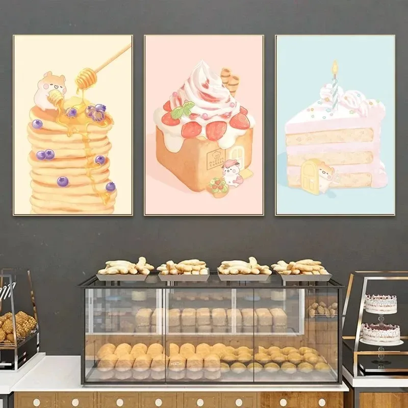 Cartoon Cute Muffinmaru Bubble Tea Cake Dessert Poster Hamster Prints Canvas Painting Wall Art Shop Home Restaurant Room Decor