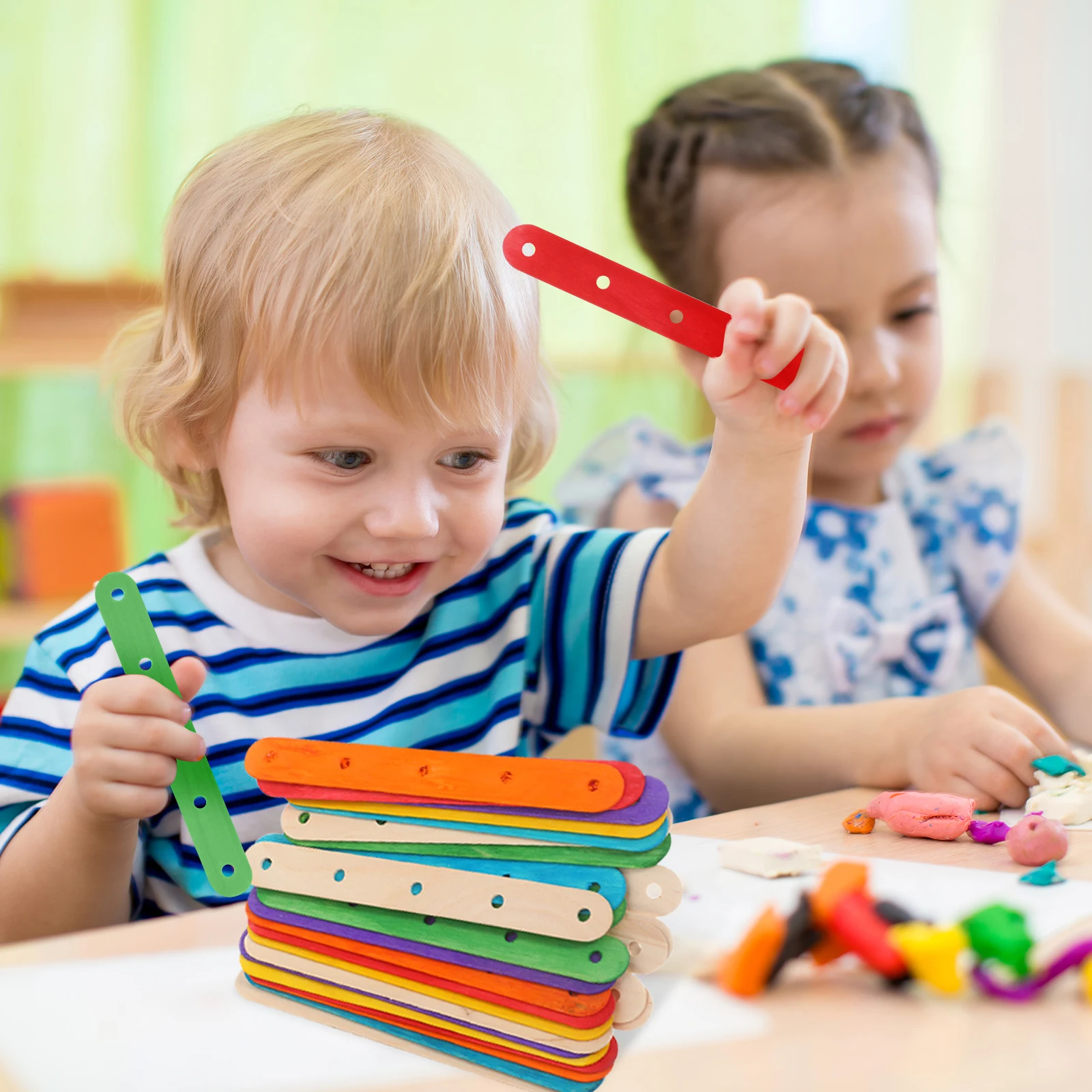 

200Pcs Large Colored Wooden Popsicle Sticks Pre Drilled Holes Ideal for Craft Techniques DIY Home Decor Classroom Supplies