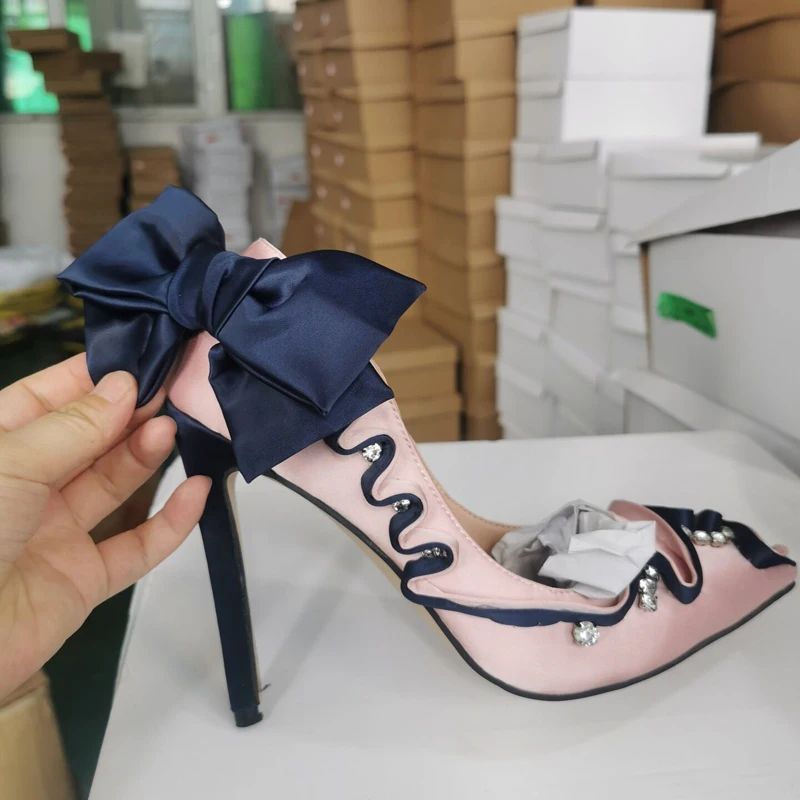 Sweet Pink Silk Wave Flower with Rhinestone Big Bowtie Back Pumps Pointed Toe Butterfly Knot Mixed Colors Women Wedding Shoes