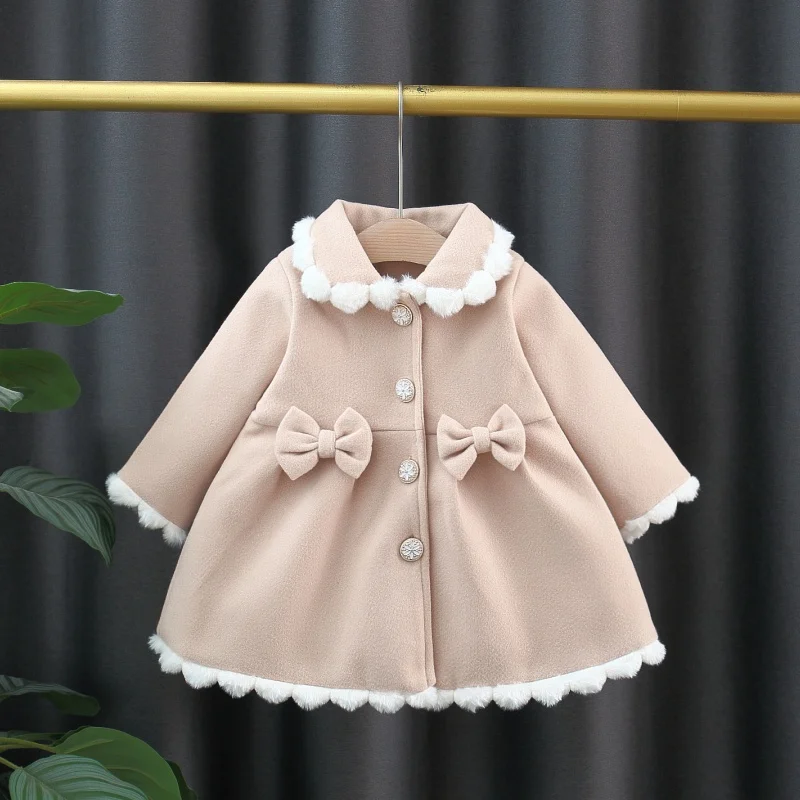 Baby Winter Clothes Fall And Winter Bow Solid Color Lapel Baby Girl Cotton Coat Cute Simple Children's Outerwear