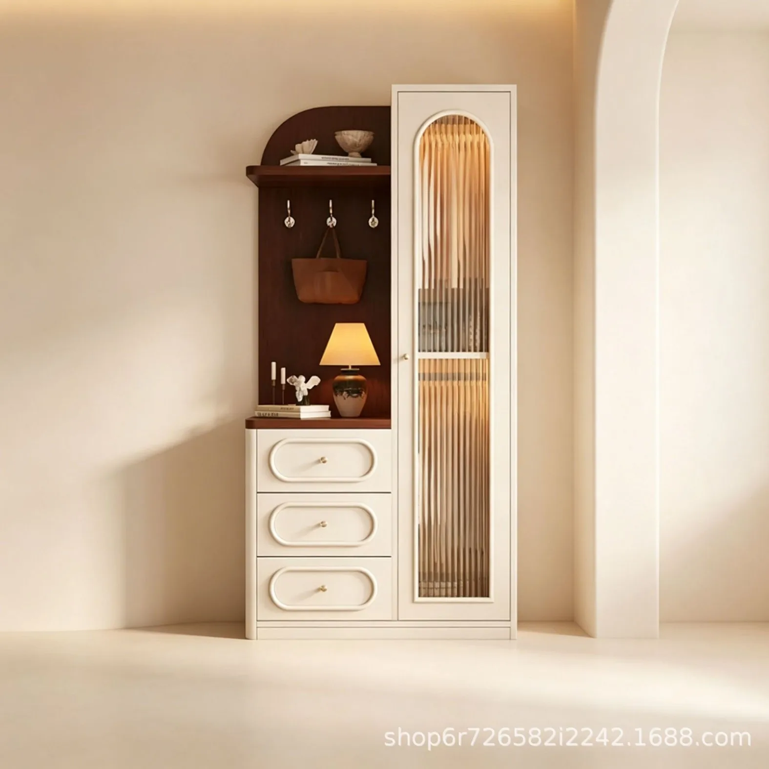 Retro entrance cabinet, home multi-functional coat cabinet with drawer hanging clothes area Changhong glass display cabinet