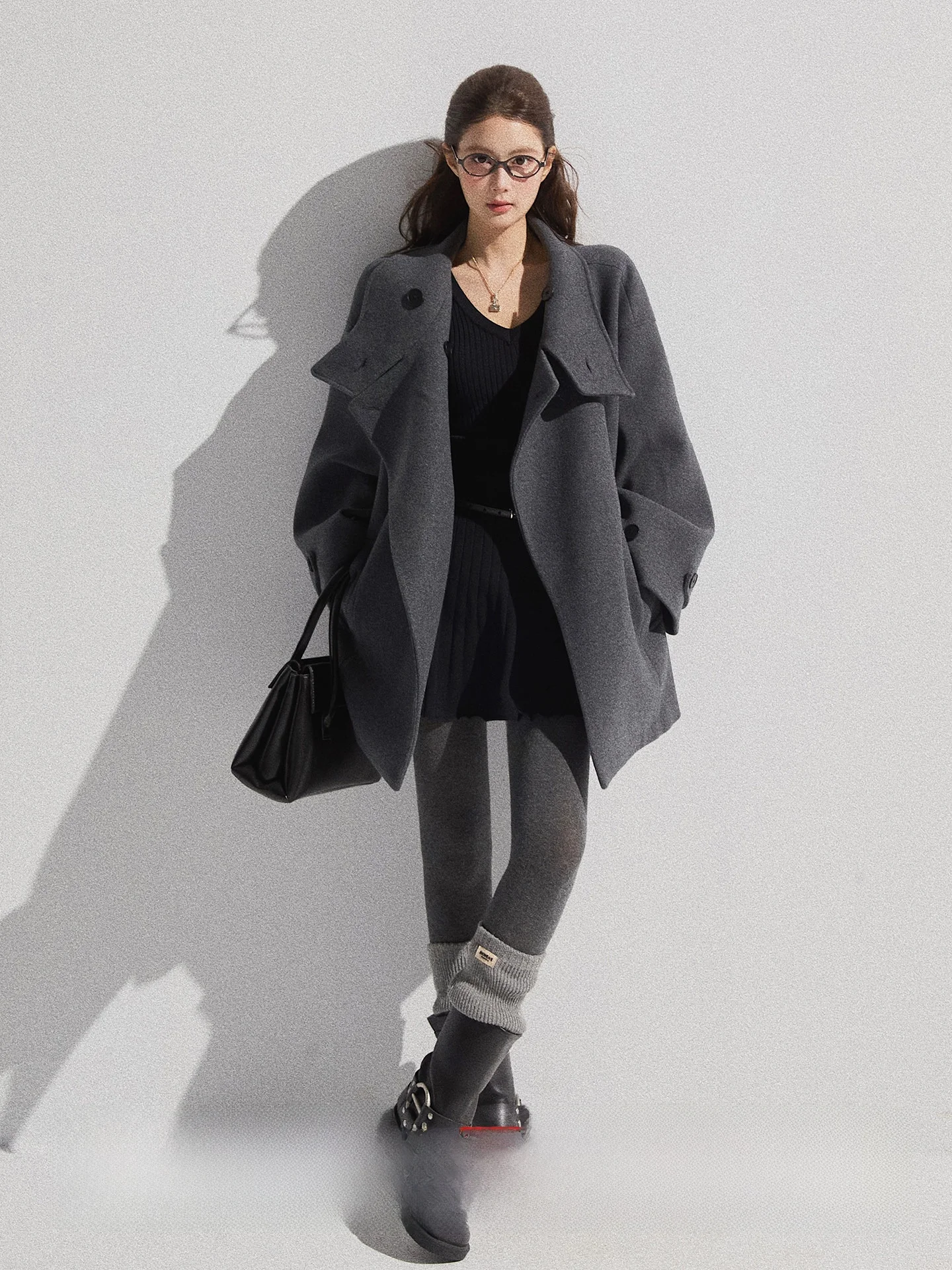 

Exue Heavyweight Woolen Coat Women's Loose Fit Belted Stand Collar Long Sve Casual Sle Autumn Faion Slimming Coat