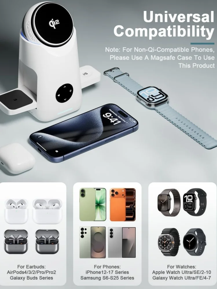 Qi2 3-in-1 Magnetic Wireless Charging Station for iPhone & AirPods