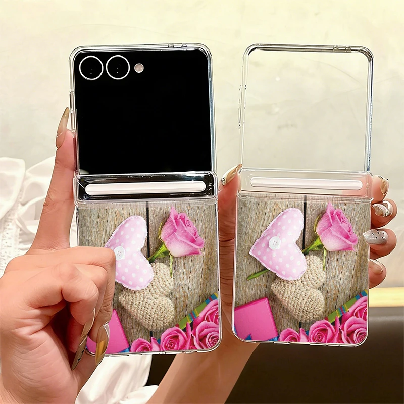 Magnetic Adsorption Clear Phone Case For Samsung Galaxy Z Flip7 FE Flip6 Flip5 Flip7 6 5 Shockproof Heart Pattern Hard PC Cover