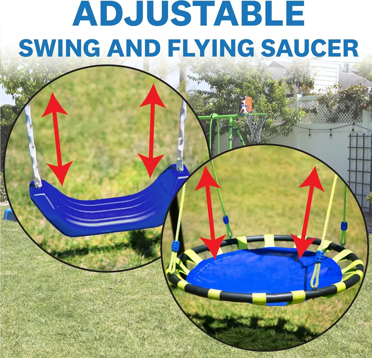 Ensemble de terrain de jeu Sports Outdoor 8 Stations, comprend un ensemble de balançoire, un toboggan, des barres de singe, un panier de basket-ball, un trampoline, du football et du basket-ball
