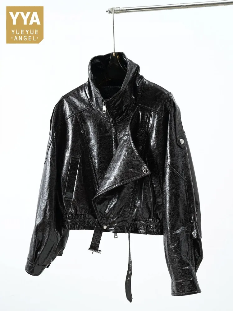 Women Genuine Leather Jacket Punk Stand Collar Zipper Motorcycle Short Coat Long Sleeve Streetwear Personality Sheepskin Jackets