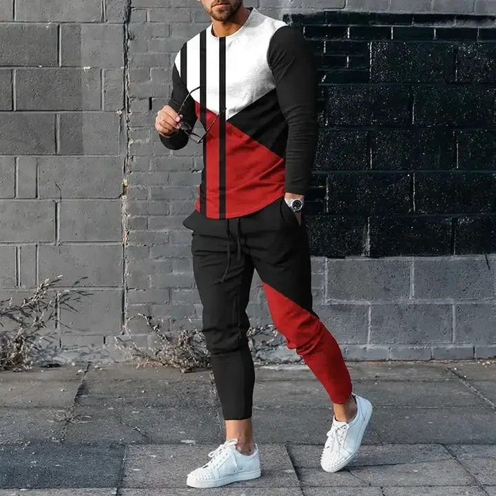 Men's Long Sleeve T-shirts and Pants Two Piece Retro Red Geometry 3D Printed Men's Sets Casual Suit