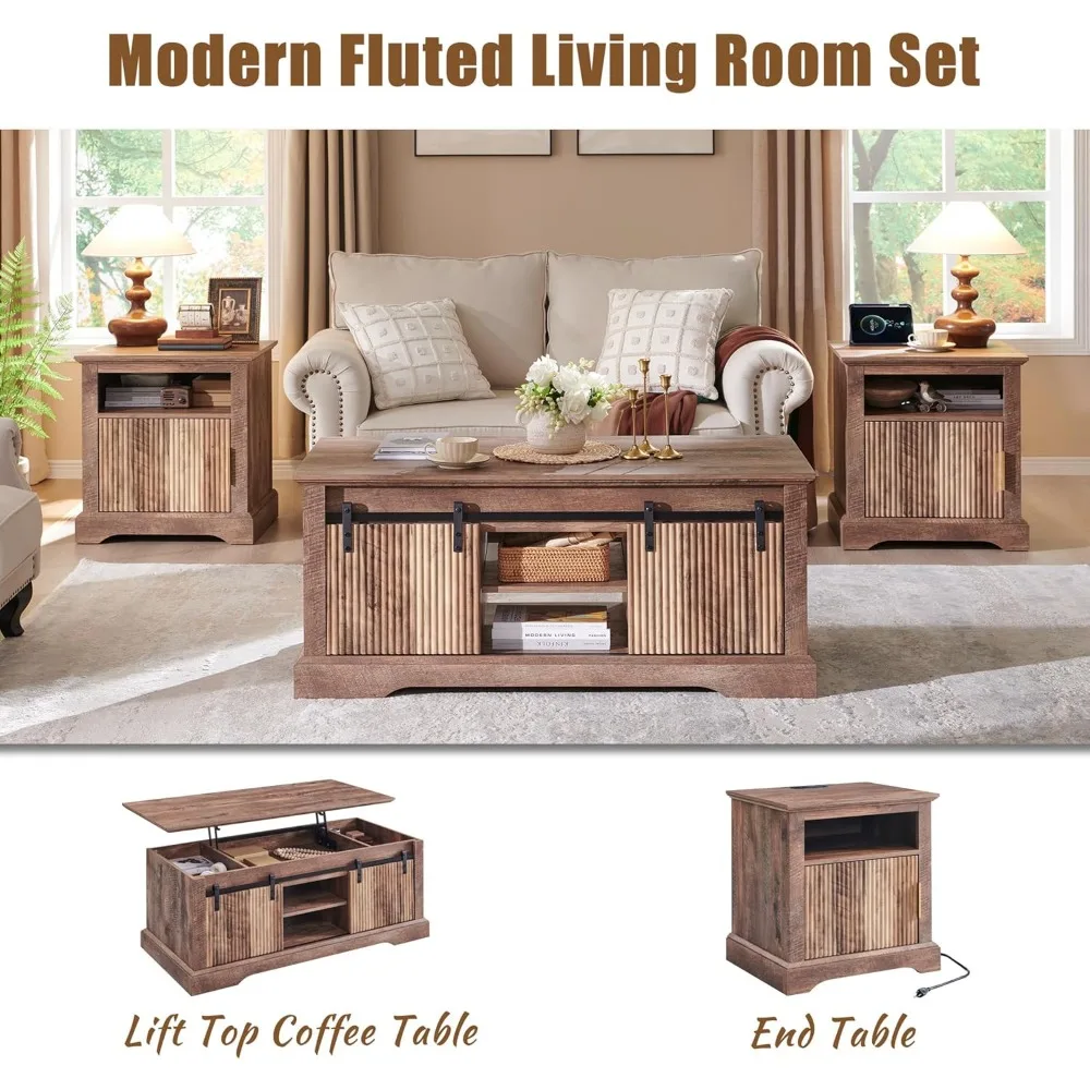 46" Fluted Lift Top Coffee Table with Sliding Door, Modern Center Table w/Adjustable Storage Shelf & Hidden Compartment, Coffee