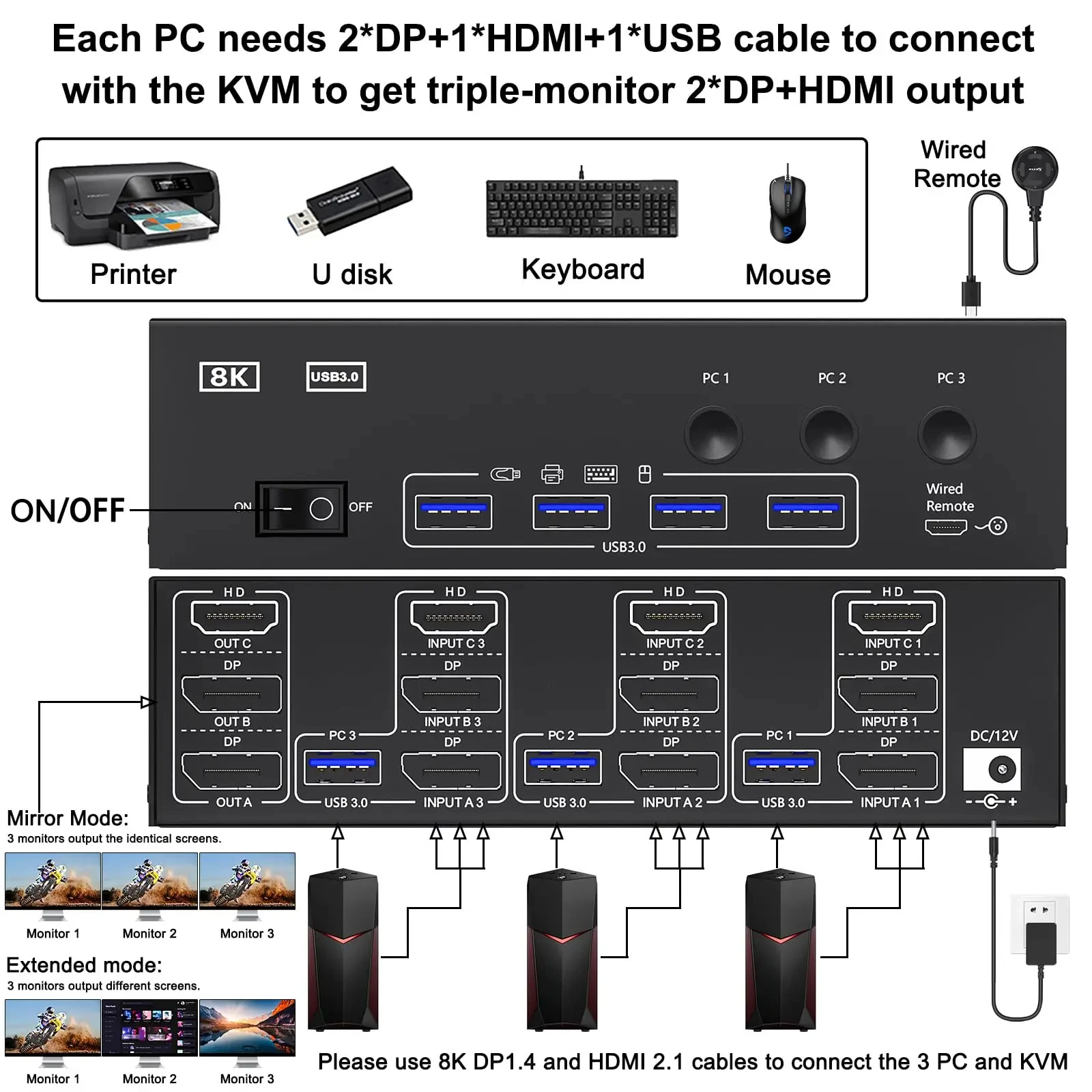 DP/HD KVM Switch 3 Monitors 3 Computers 8K@60Hz 4K@144Hz, HDMI+2 Displayport KVM Switch Triple Monitor for 3 Computer Share