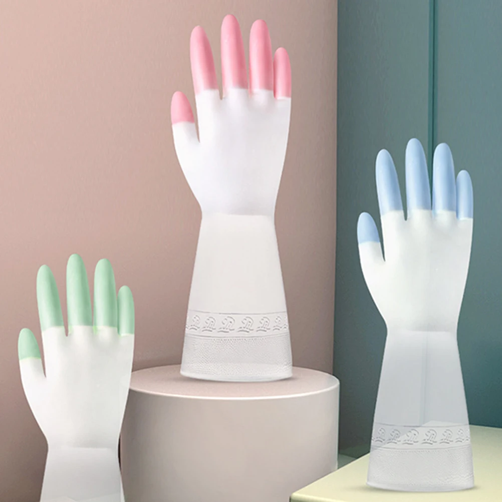 

3 Pairs Waterproof Anti-slip Gloves Household Reusable for Cleaning Two-color Kitchen Dishwasher Women