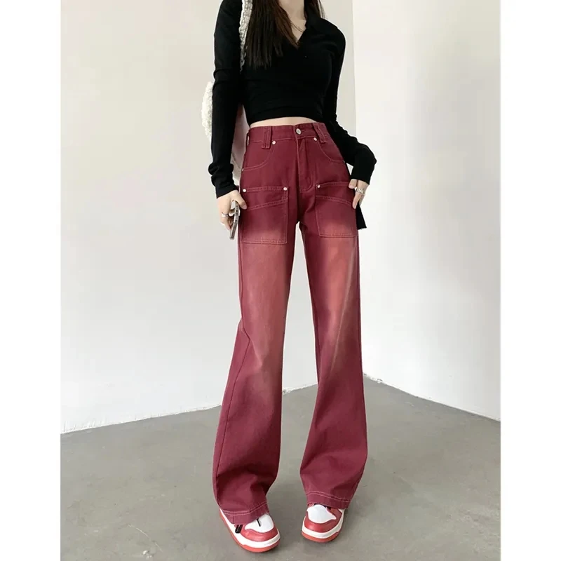 

American Wash Vintage Wine Red Cargo Jeans Female Autumn High Waist Slim Straight Barrel Wide Leg High Street Tide Ins