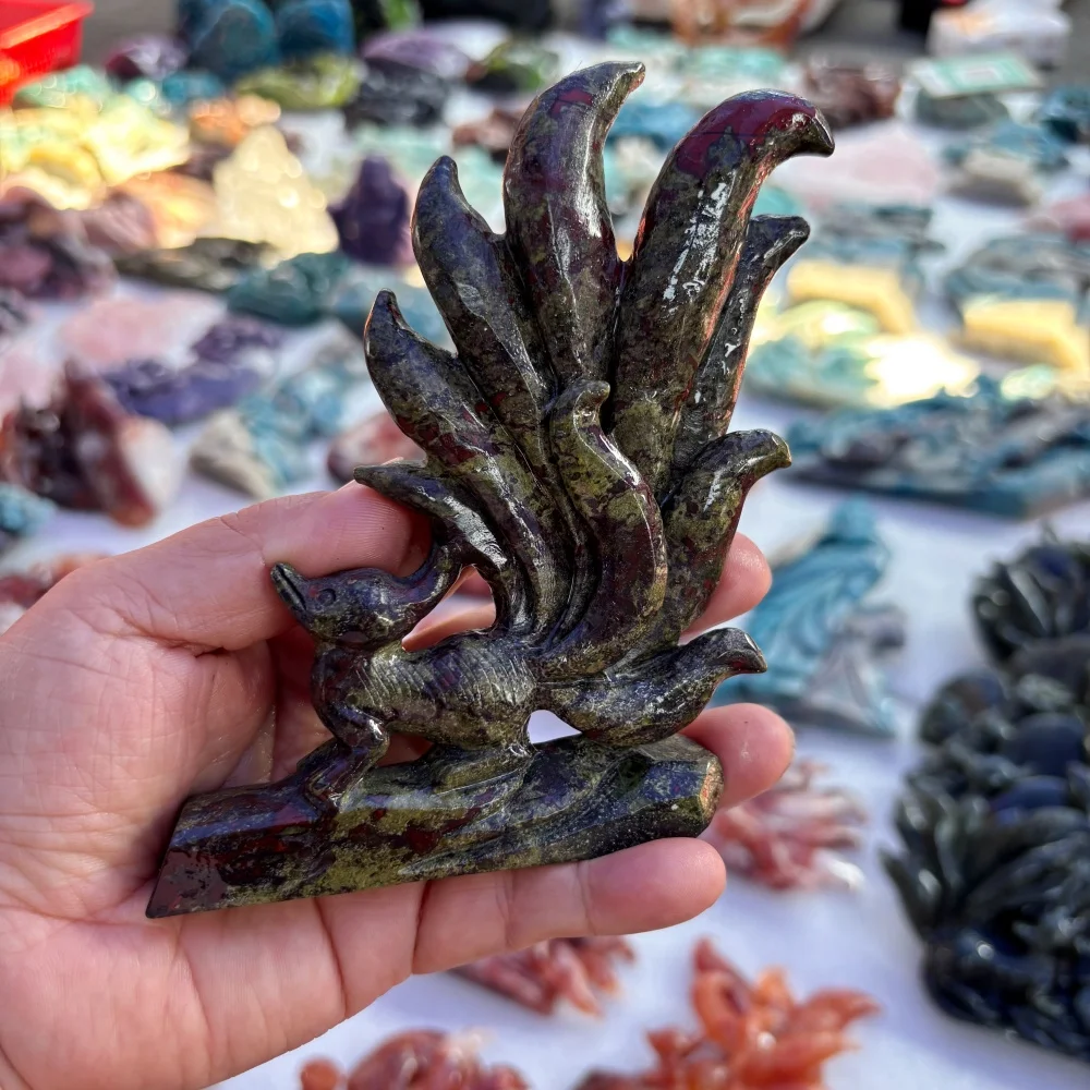 Natural Dragon Blood Stone Nine Tailed Fox Hand Carved Crystal Fox Statue Reiki Healing Stone Fantasy Crystal Desktop Ornament