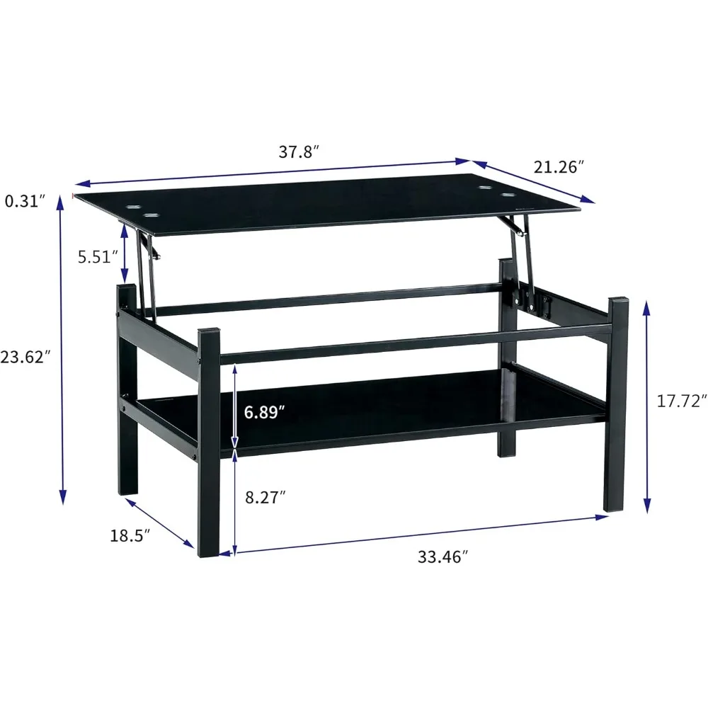 Lift Top Coffee Table with Storage Shelf, 2-Teir Open Storage Coffee Table Tempered Glass Rising Tabletop and Metal Frame