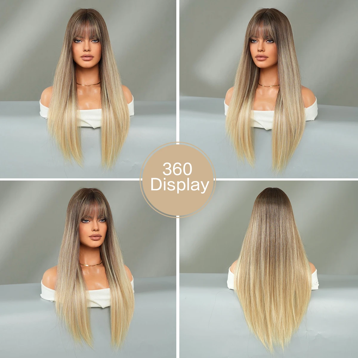 7JHH WIGS Long Straight Brown Ombre Blonde Wig for Women Daily Use High Density Layered Flat Cut Hair Wigs with Neat Bangs