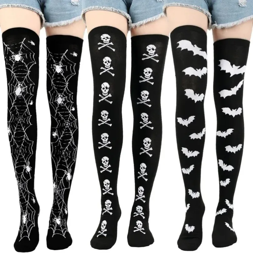 Long Over Above Knee Socks Womens Striped Thigh High Stockings Ladies Halloween Girls Black White pink Skull Cosplay Harajuku
