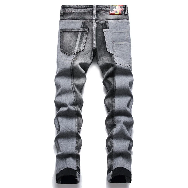 Verano doble cinturón hebilla diseño Jeans hombres Panel a cuadros algodón delgado elástico gris desgastado gradiente Multi bolsillo trasero frente Season23