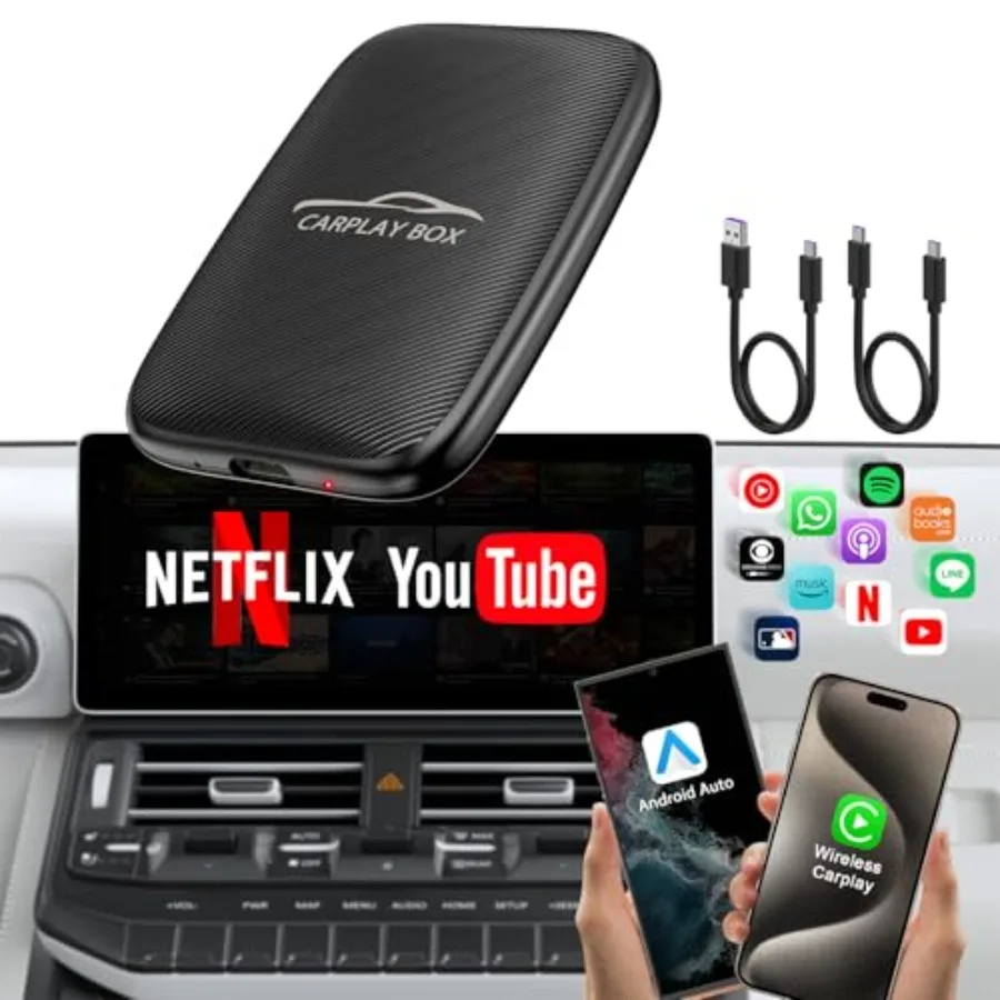 

Wireless CarPlay and Android Auto Adapter for Cars from 2016 ABS Plastic Black Upgraded 2025 Model with Built-in YouTube Suppor