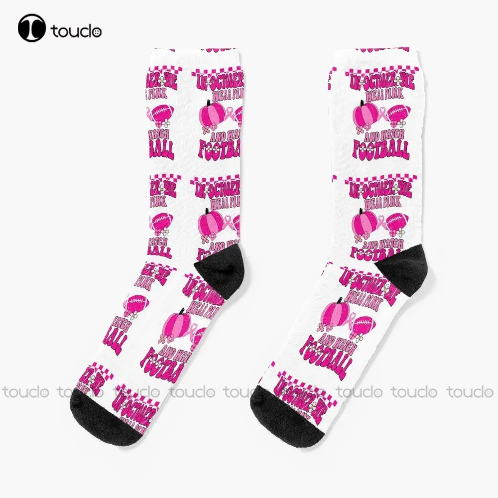 In October We Wear Pink And Watch Football Groovy Breast Cancer Awareness Socks Womens Black Fun Socks Custom Gift New Popular