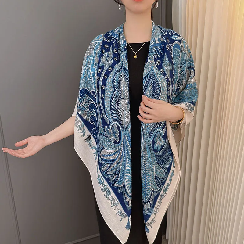 

New ethnic style linen-cotton square scarf women130cmVacation-style soft and lightweight shawl with a high-end feel