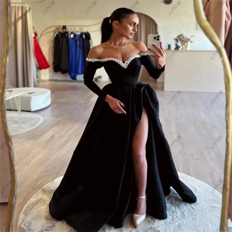 LIYYLHQ Black High Slit Prom Dress With Pearls Beaded Off Shoulders Long Sleeve A Line Evening Gown Dance Party Gowns Customized