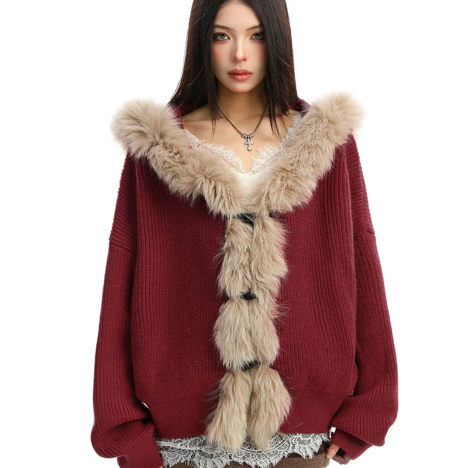 

Red Christmas Fox Fur Collar Splicing Hooded Sweater Women's Autumn and Winter Lazy New Year's Knitted Sweater Jacket Tide