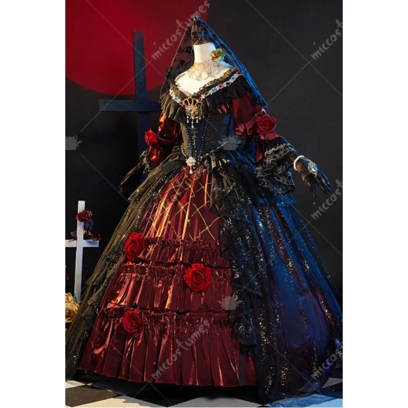 Miccostumes 24 ساعة شحن المرأة ماري الدموي الملكة تأثيري فستان مُصمم حسب الطلب وشاح الرأس مع حزام الخصر والقفازات