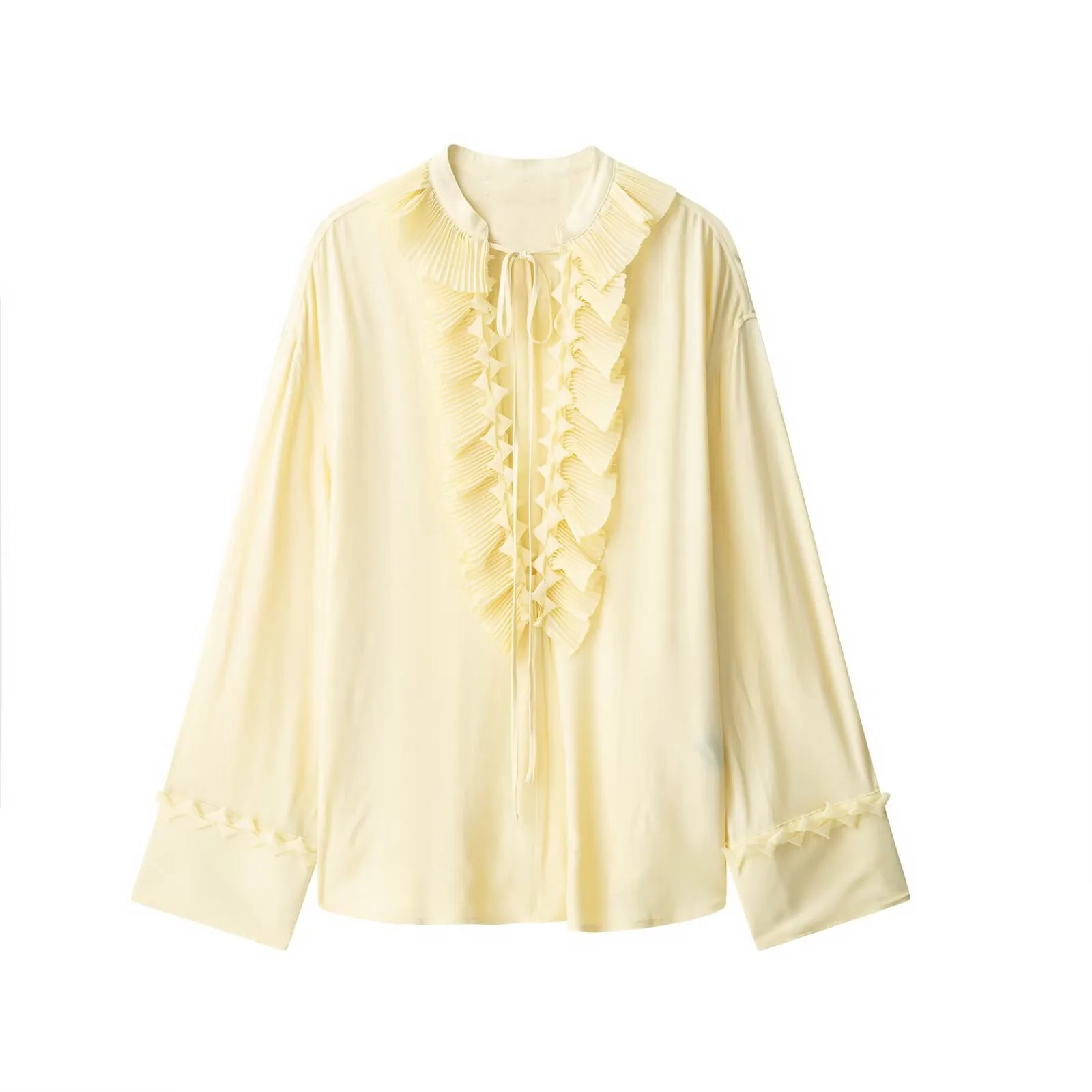 

Women Outfit O-neck Long Sleeve Lace Up Button Shirts Cascading Ruffle Zippers Skirts Spring Summer Lady Chiffon Yellow Shirt