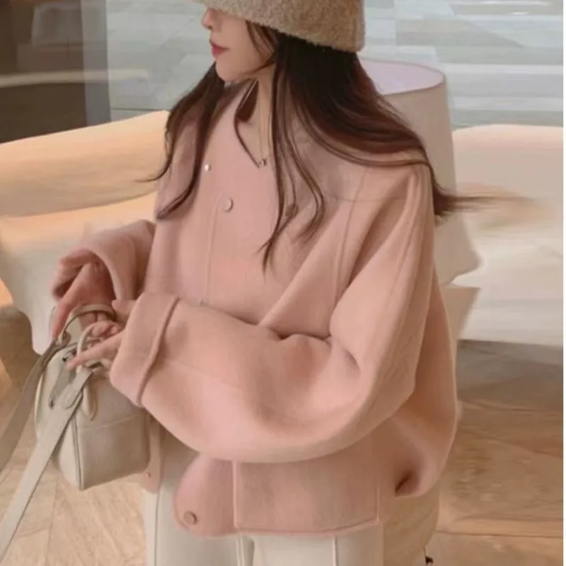 Women's Autumn and Winter New Fashionable Age-reducing Pink Exterior Style Design Loose Slimming Short Woolen Jacket