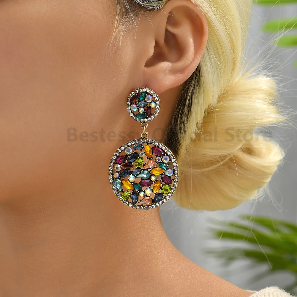 Vintage Oval Round Dangle Earrings For Women Unusual Colorful Crystal Statement Big Pendientes Fashion Party Prom Luxury Jewelry