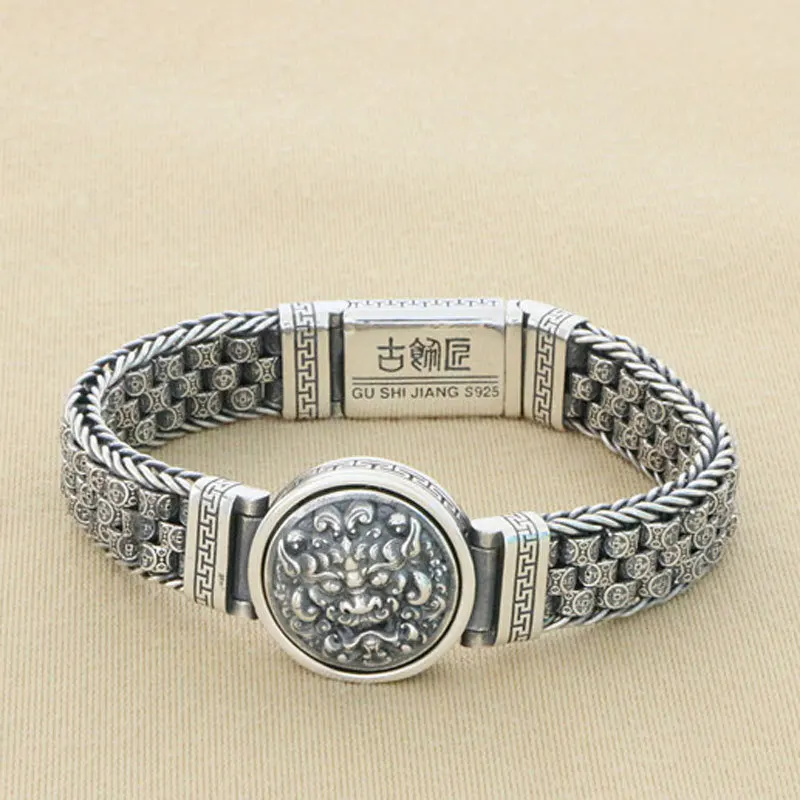 

Handsome Thai Silver S925 Pure Silver Pixiu Personality Bracelet with Six Character True Words Chain Fashion Personality Trendy