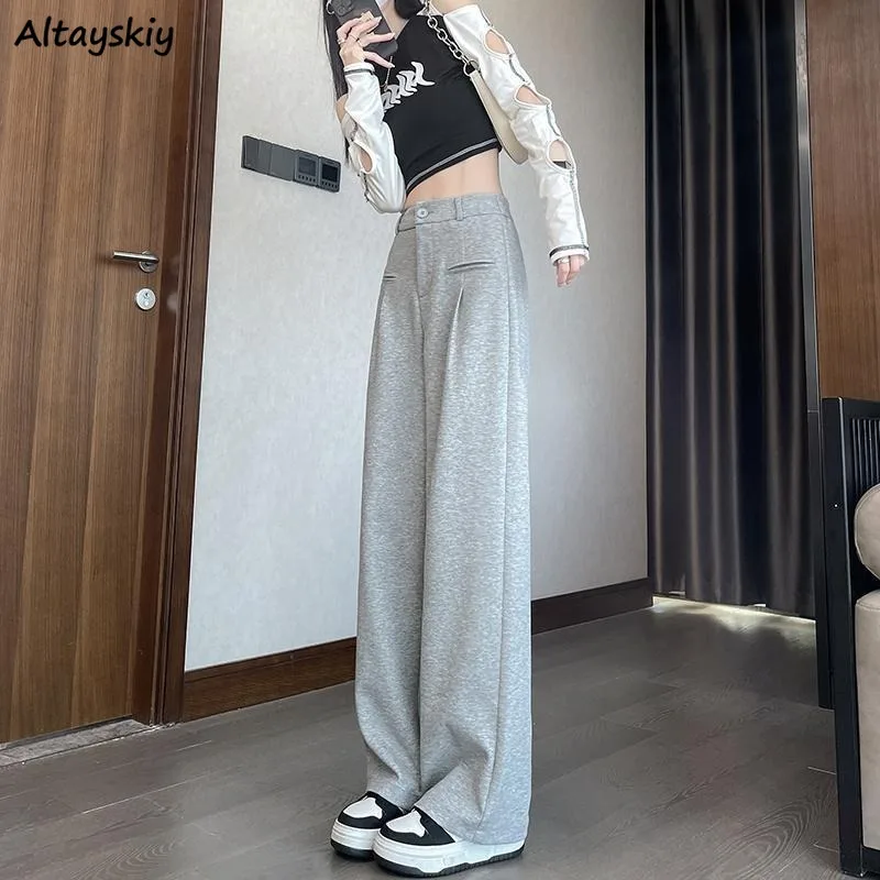 Pants Women Wide Leg Solid Simple All-match Leisure Exercise High Waist Straight Drape Mopping Slender Ulzzang Streetwear Chic