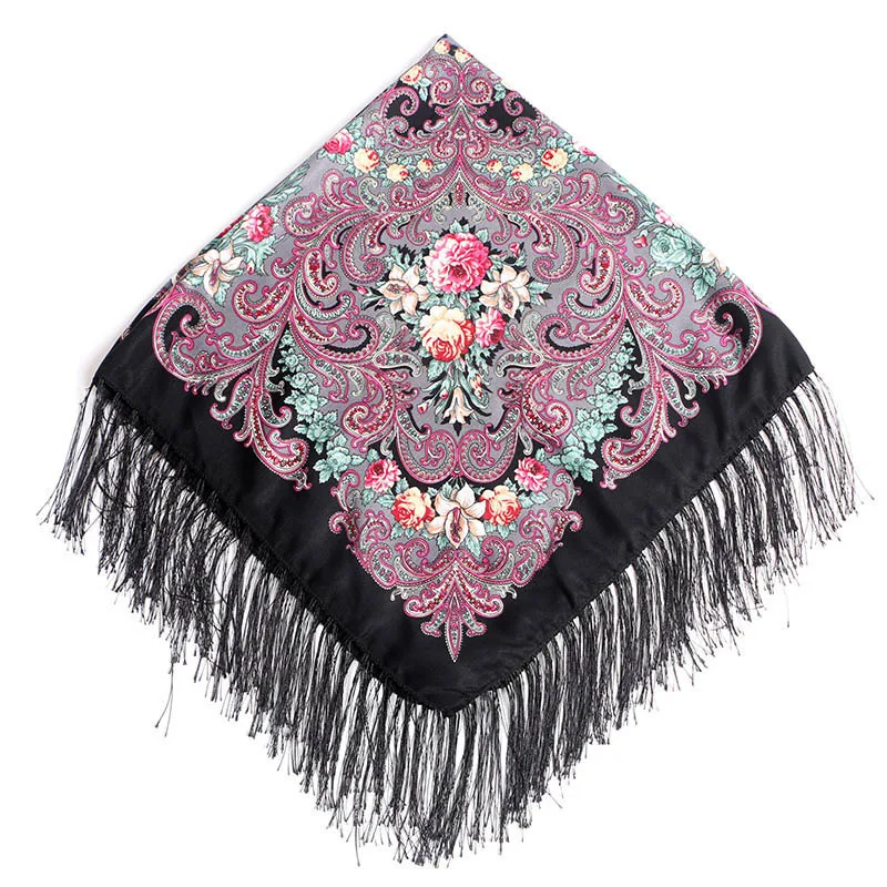 Russian Style Square Scarf Women Floral Print Bandana Shawl Ethnic Fringed Ukrainian Shawl Babushka Handkerchief Lady Pashmina