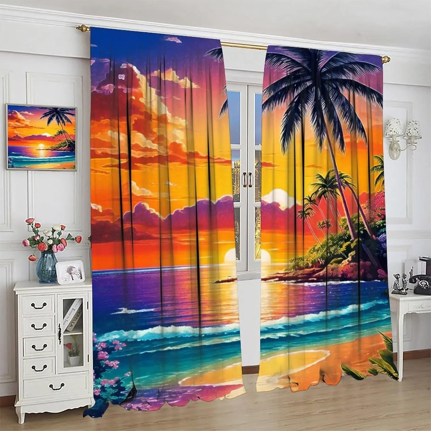 Watercolor Beach Ocean Curtains,Tropical Palm Trees Floral Sunset Window Curtains,Colourful Summer Seaside Landscape Window