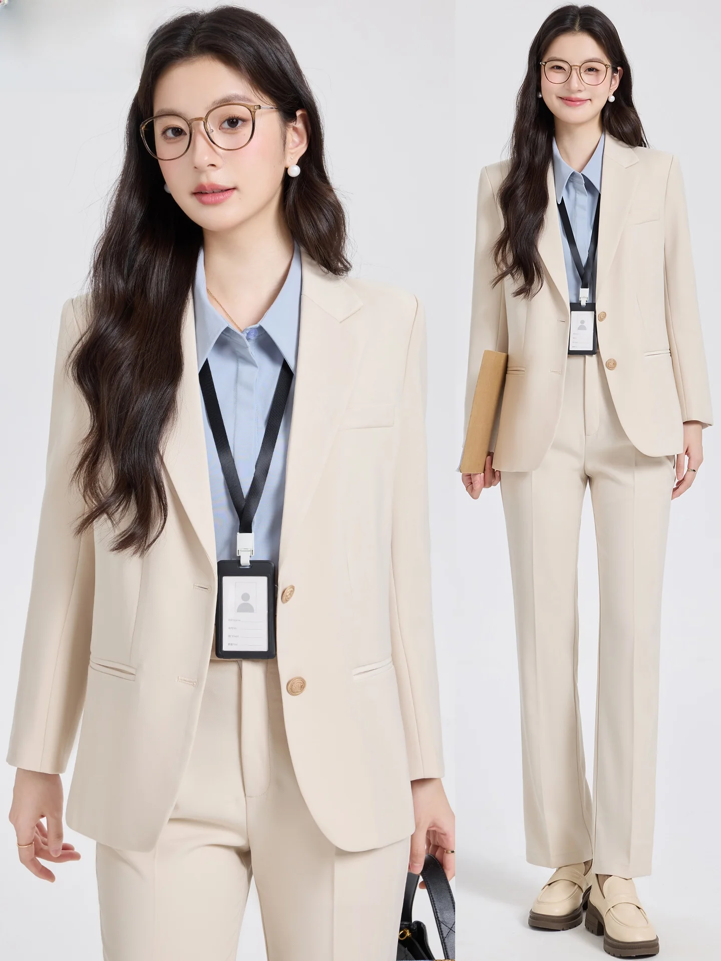Cherry Blossom Color Women's Suit Set Interview Formal Wear Commute Professional Outfit High-End Feelings Button Detail