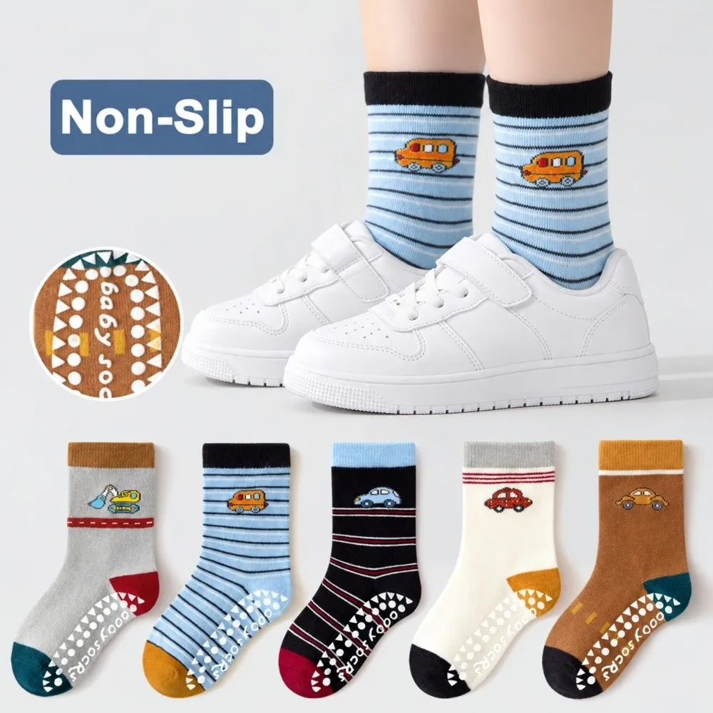 5 Pairs Cute Breathable Non-Slip Socks Stretch Cotton Anti Skid Socks Multi Pattern Mid Calf Floor Socks Indoor Play