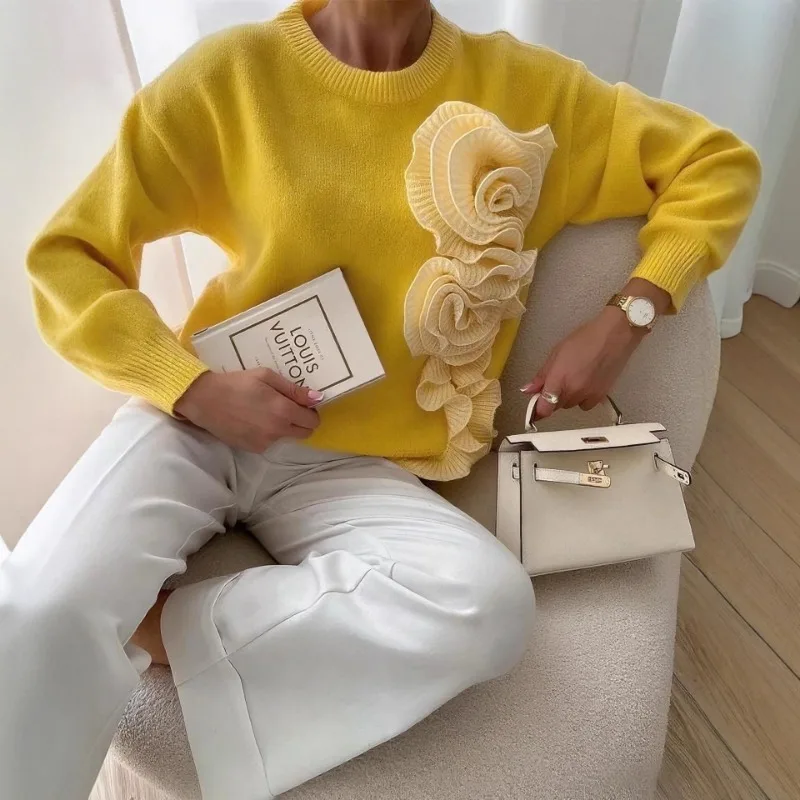 2025 herbst Winter Mode Neue frauen Elegante Gestrickte Kaschmir Pullover Dreidimensionale Blume Farbe Kontrast