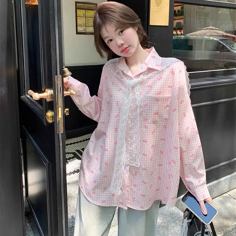 

Sweet Bow Printing Loose Cute Youth Blouse Spring Summer New Long Sleeve Polo Neck Fashion Shirt Tops Trend Lazy Women Clothing