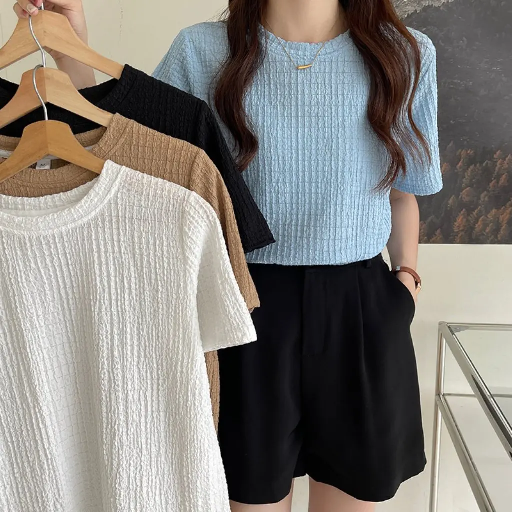 

Women's French Retro Solid Color Pleated Jacquard T-shirt Short-Sleeved Thin Summer Trendy Design Niche Top