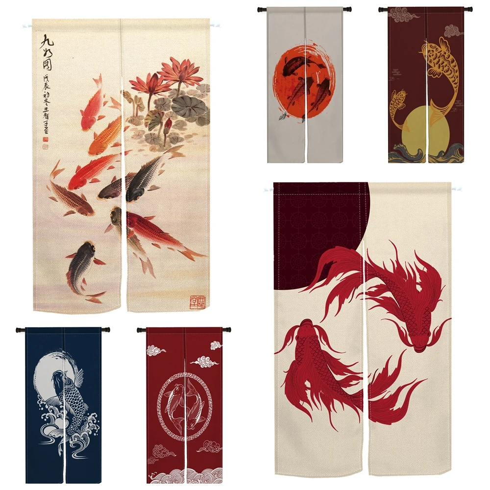 Chinese Style Linen Door Curtain Auspicious Koi Fishes Patterns of Clouds Curtains Restaurant Kitchen Partition Half Curtain
