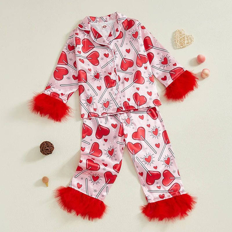 Conjunto de pijamas para el Día de San Valentín para niñas, camisas de manga larga con estampado de corazón, Tops, pantalones largos, traje de salón de 2 piezas, ropa de dormir