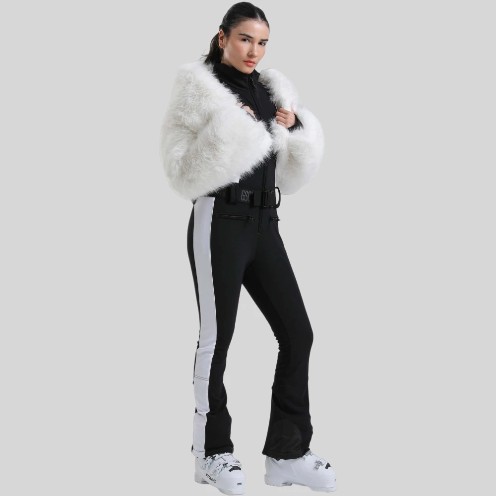 GSOU SNOW Women Faux Fur Warm Two Pieces Snowsuit Slim-Fit Snowboard Jumpsuit Winter Insulated Windproof Skiing Stretch Clothes