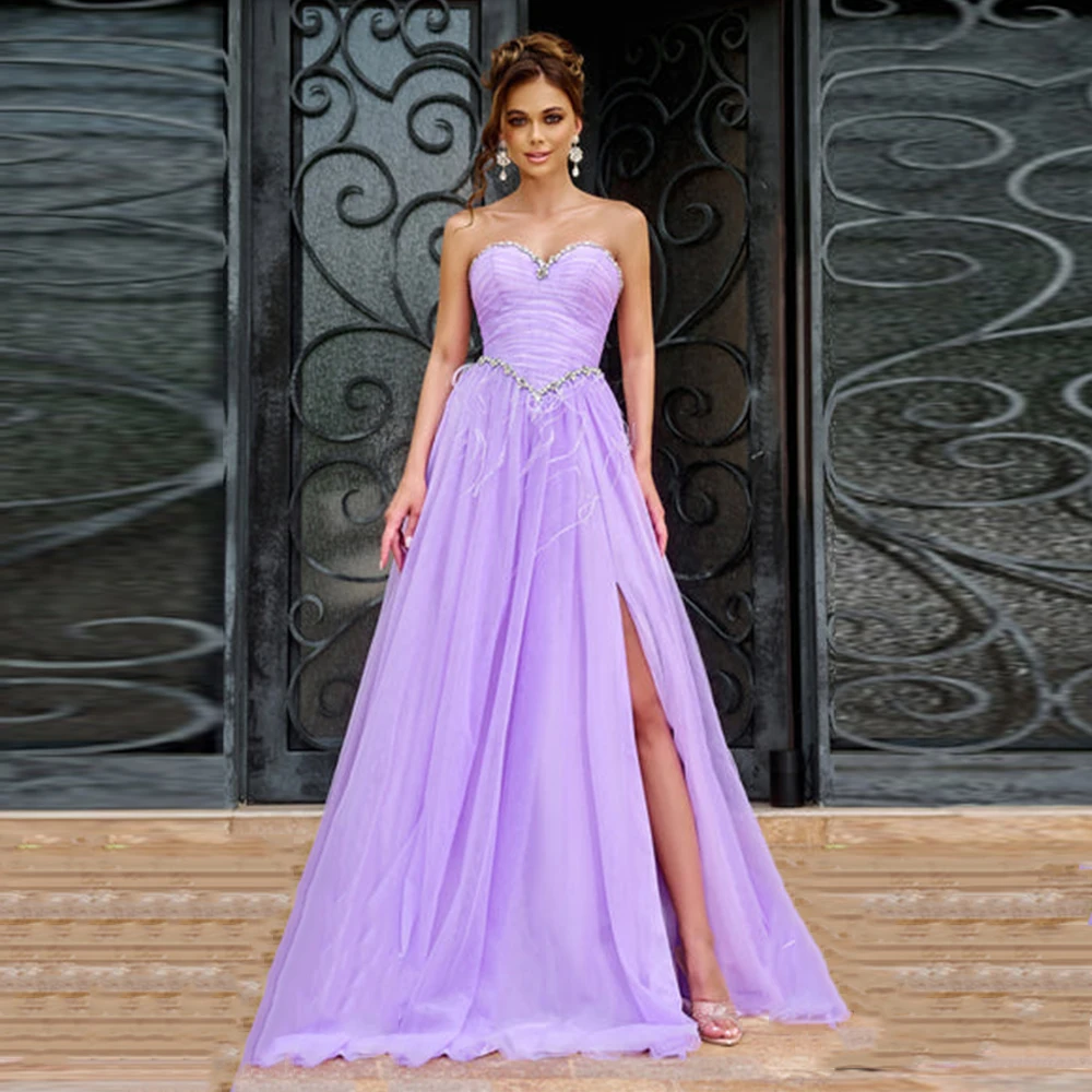 

Luxury Wedding Party Dresses Purple Net Pleat Ruched Rhinestone Side Fork A-line Sweetheart Floor Length Dresses Gowns 2024