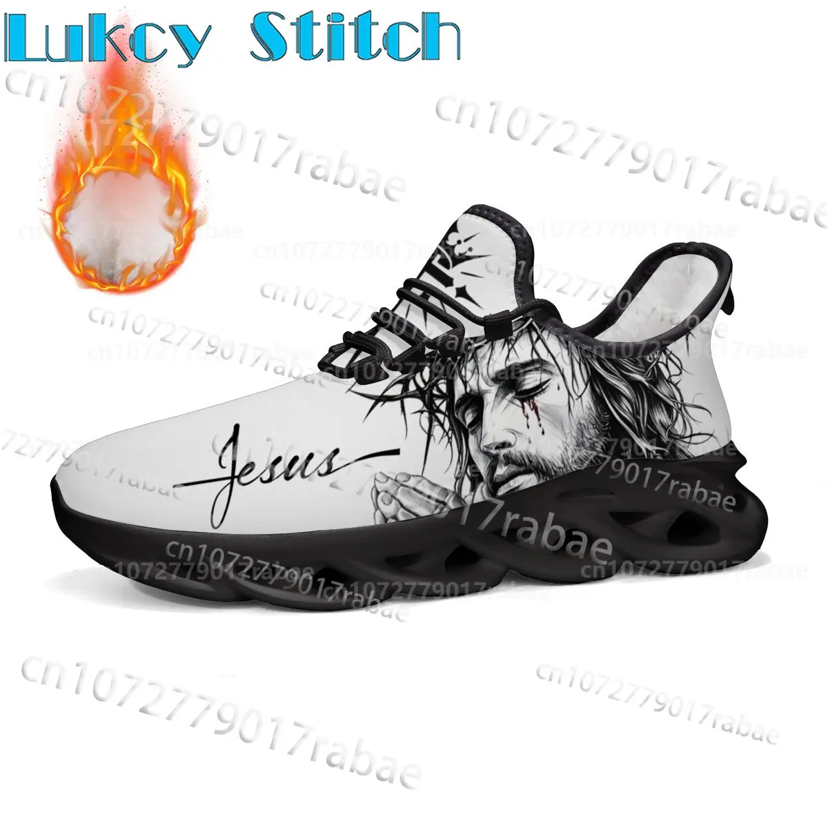 Black White Jesus Sketch Religious Print Warm Plush Lined Athletic Footwear Youth Adult Blade Sole Winter Sneakers Man Woman